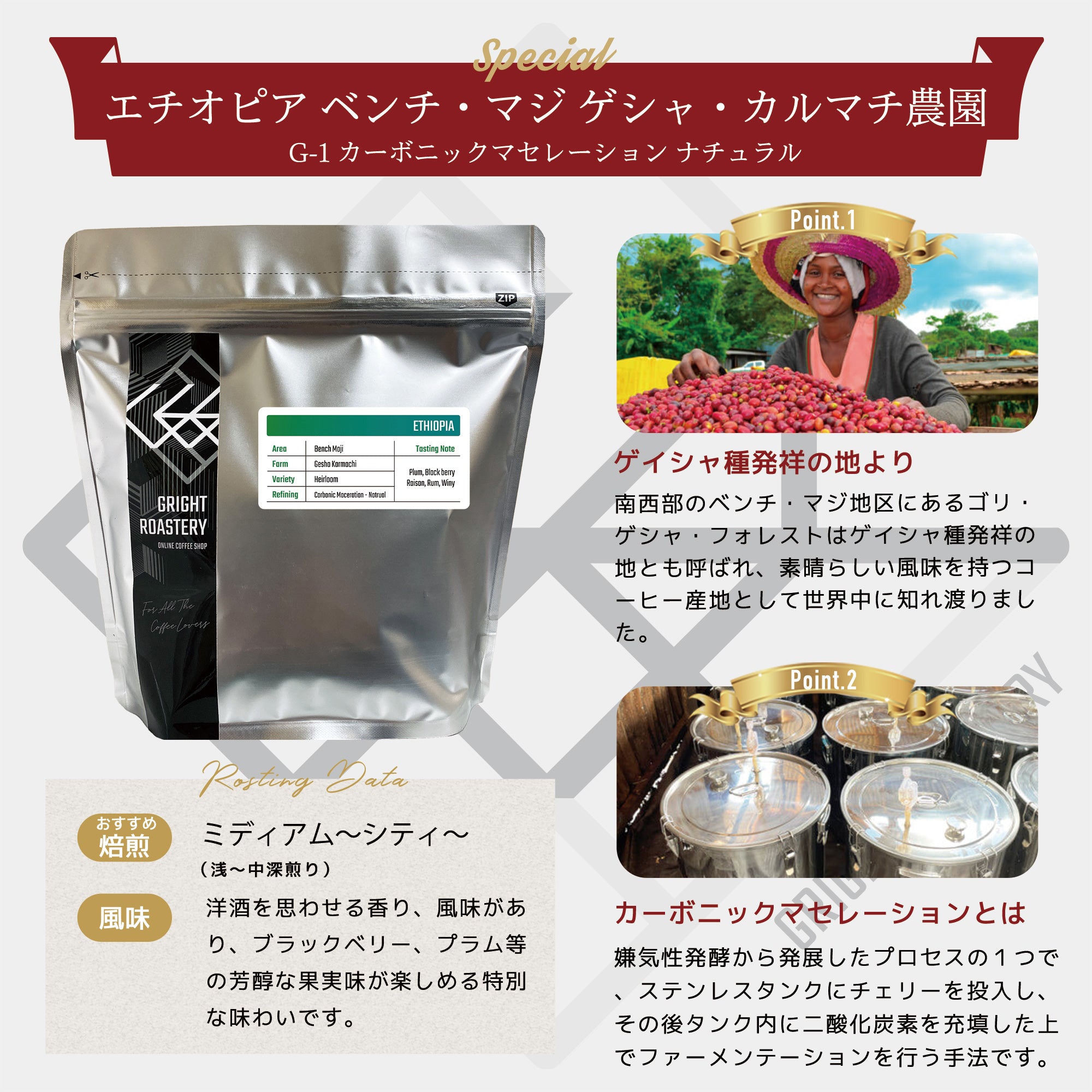 エチオピア ベンチ・マジ ゲシャ・カルマチ農園 G-1 カーボニックマセレーション ナチュラル コーヒー豆