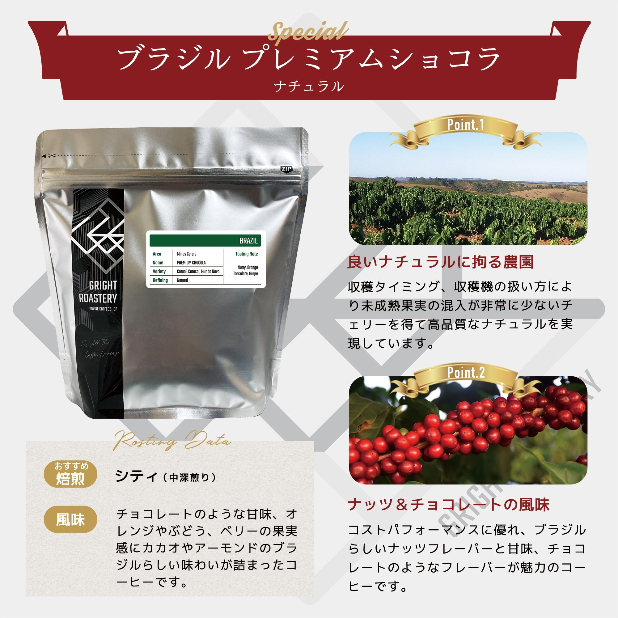 ブラジル サントアントニオ プレミアムショコラ ナチュラル コーヒー豆