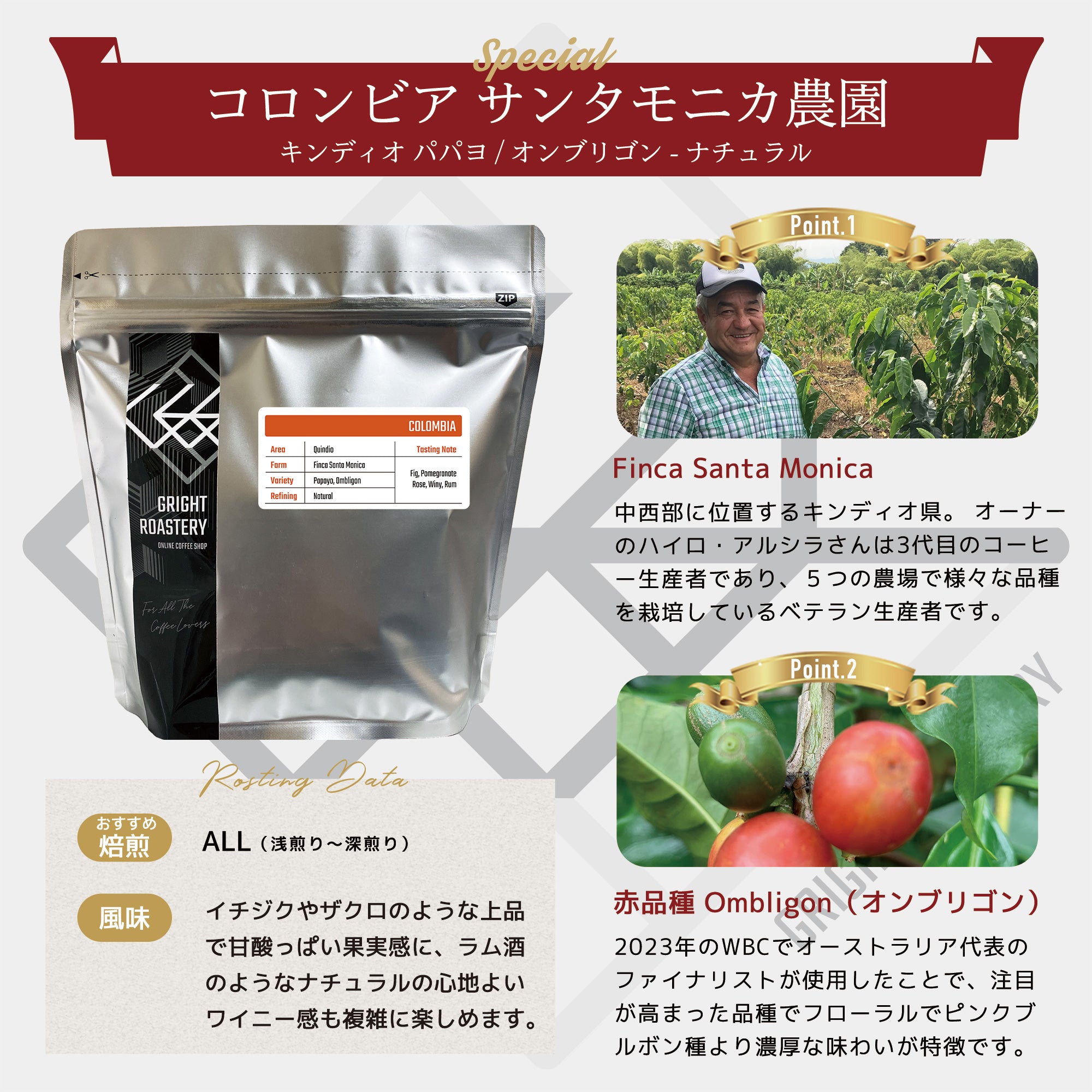 コロンビア キンディオ サンタモニカ農園 パパヨ / オンブリゴン