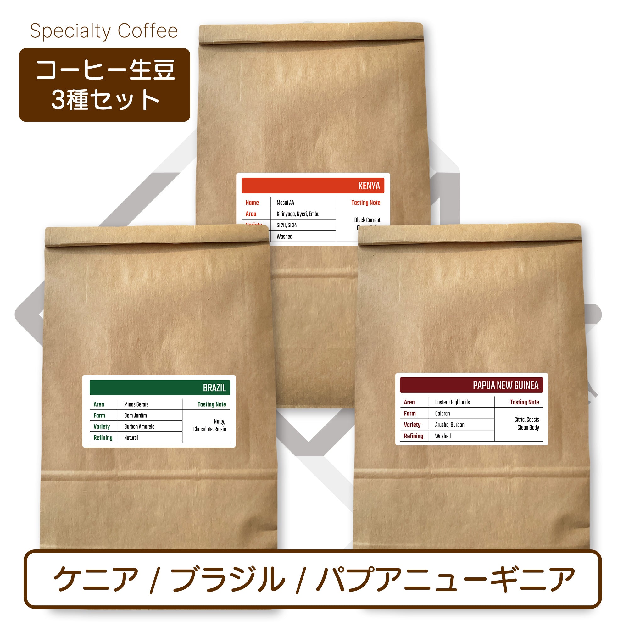 生豆３種セット (250g×3種 合計750g）ケニア[ウォッシュド] ブラジル[ナチュラル] パプアニューギニア[ウォッシュド] )